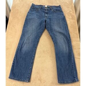 Eddie Bauer Flannel Lined Jean Men 34x32 Blue Wash Yellow Plaid Straight Fit EUC